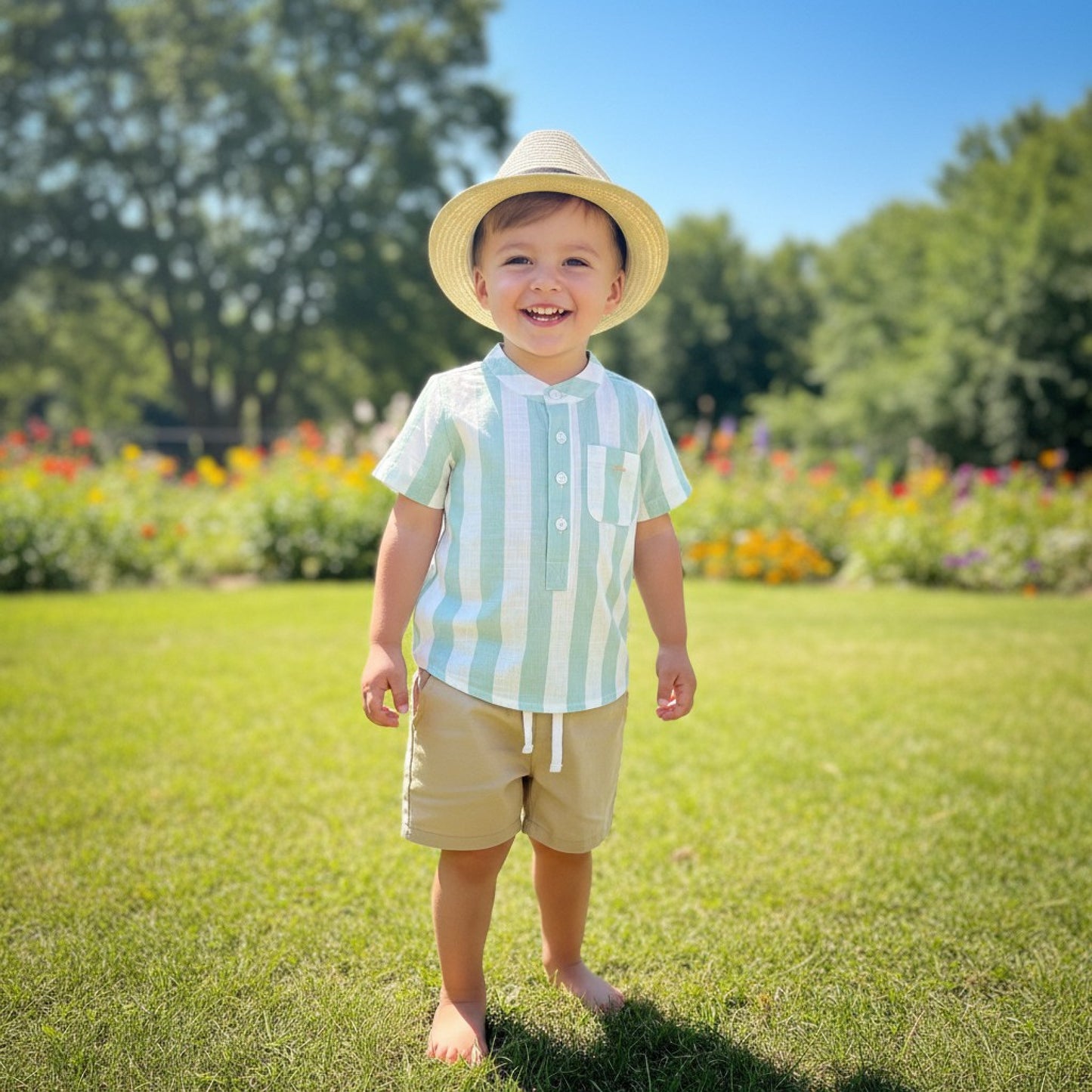 3 piece set - Striped seersucker shirt with shorts and straw hat 3 years