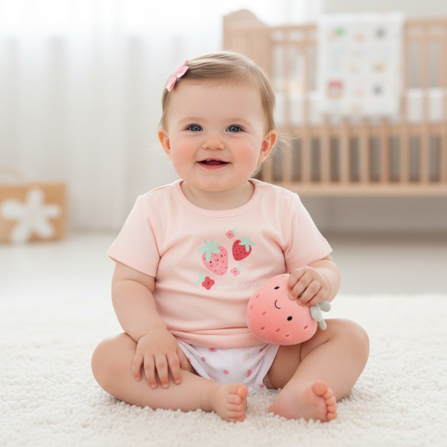 Matching strawberry top, shorts and strawberry soft toy 0-3 months