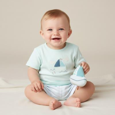 Matching sail boat top, shorts and sailboat soft toy 3-6 months