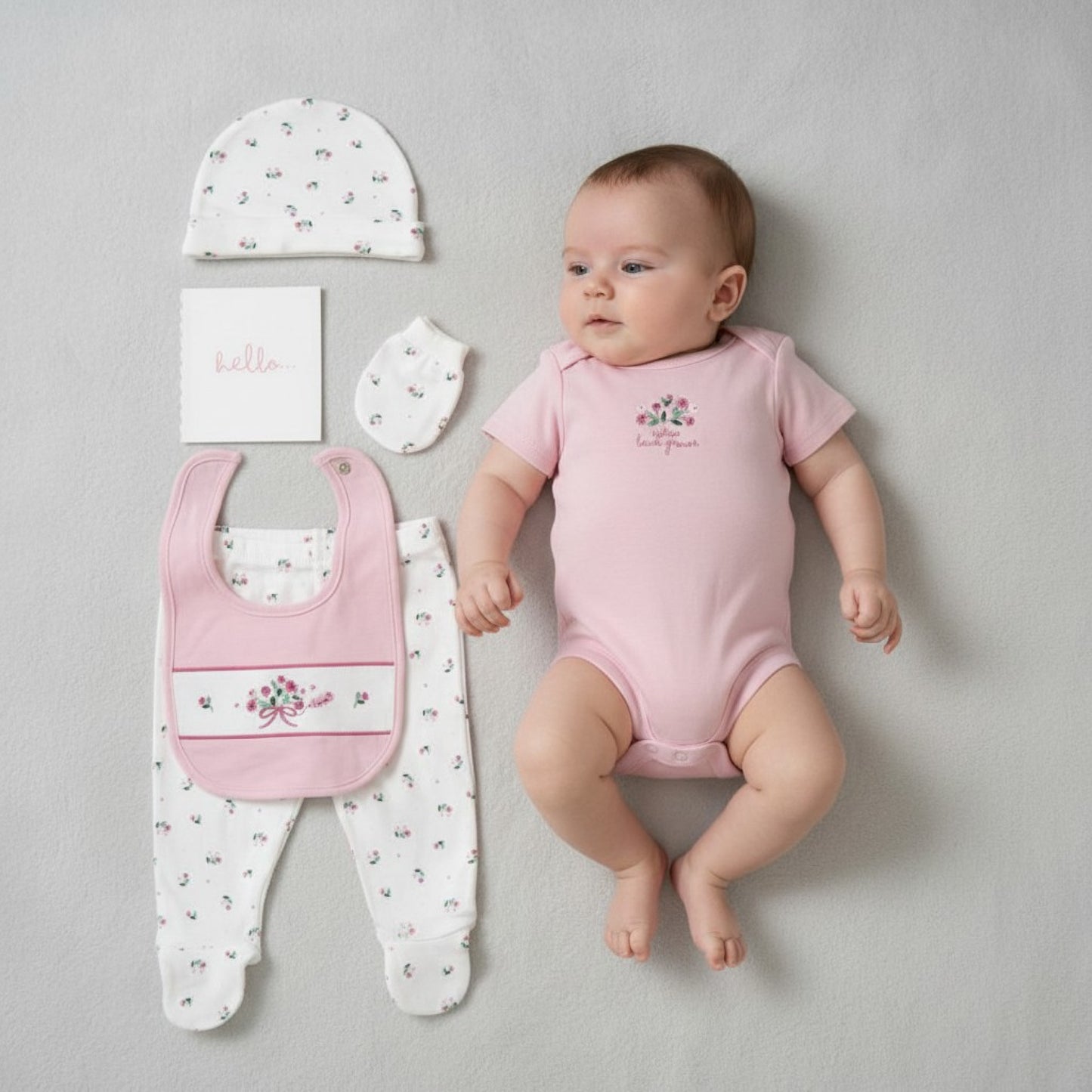 Six piece floral layette set