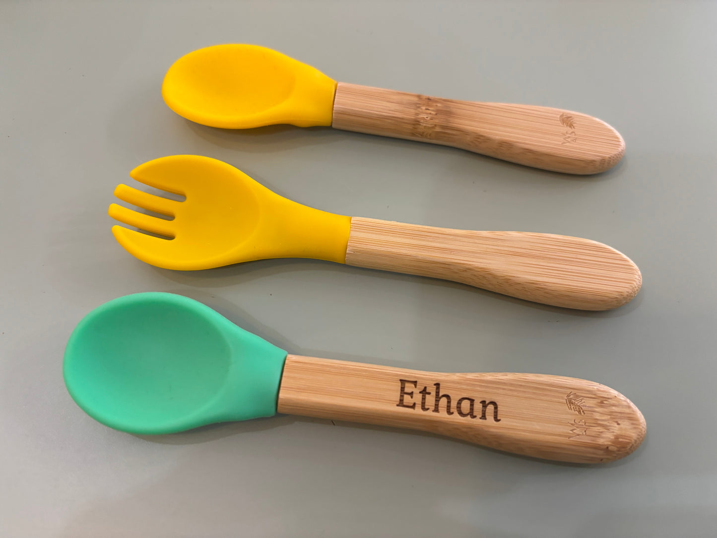 Personalised bamboo and silicone weaning spoon and fork