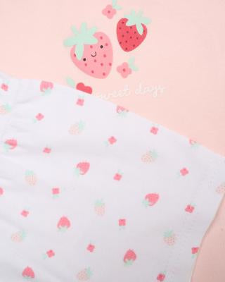 Matching strawberry top, shorts and strawberry soft toy 0-3 months