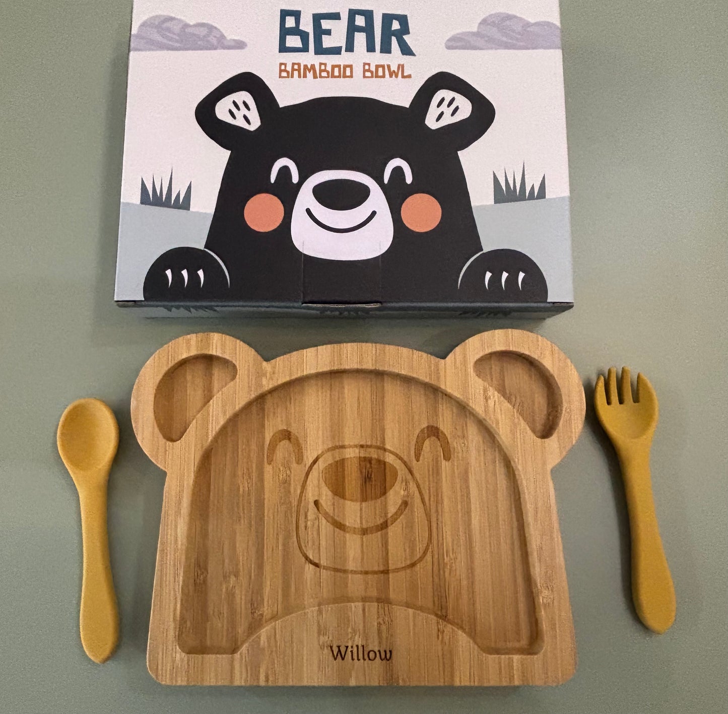 Bamboo personalised bear plate with suction base