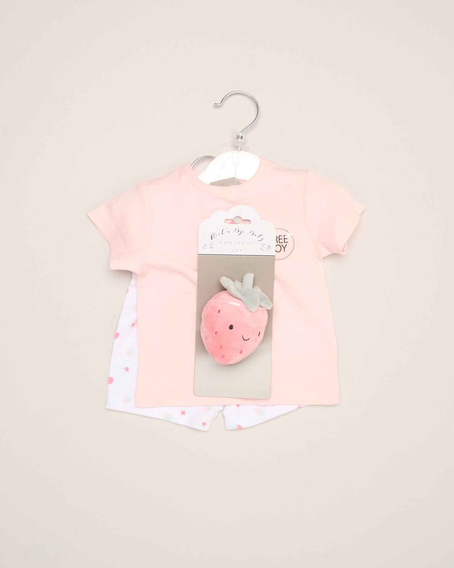 Matching strawberry top, shorts and strawberry soft toy 0-3 months