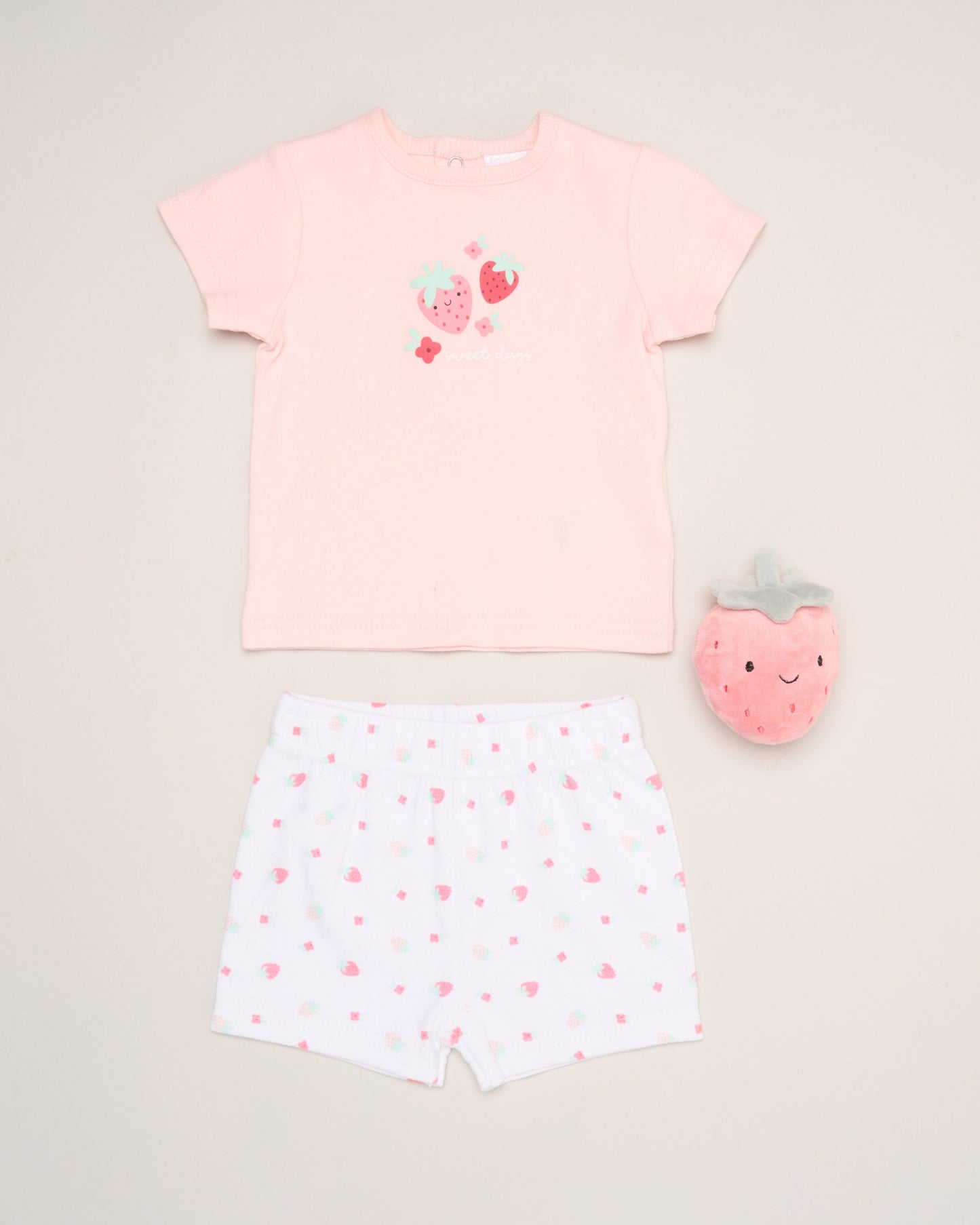 Matching strawberry top, shorts and strawberry soft toy 0-3 months