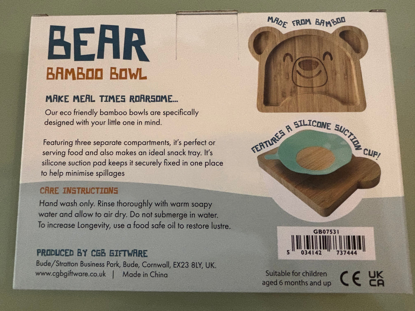 Bamboo personalised bear plate with suction base