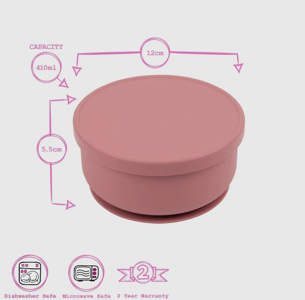 Baby silicone suction bowl with lid - Dusty Rose