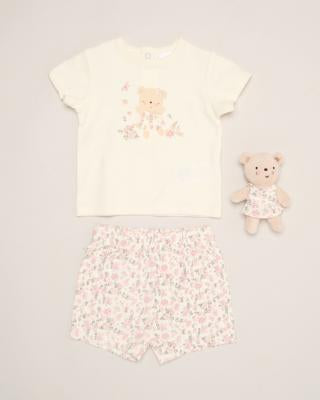 Matching floral top, shorts and teddy 0-3 months