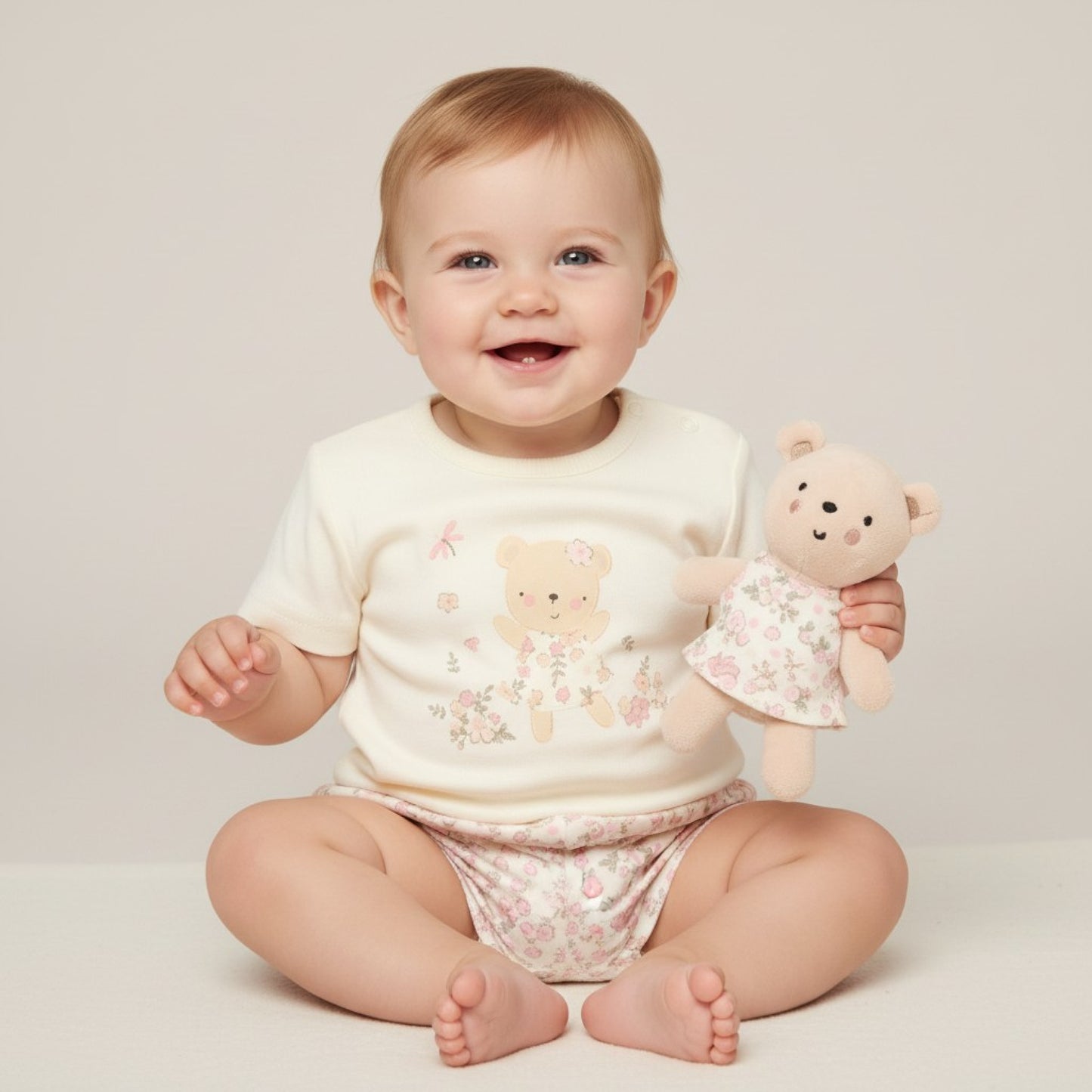 Matching floral top, shorts and teddy 0-3 months