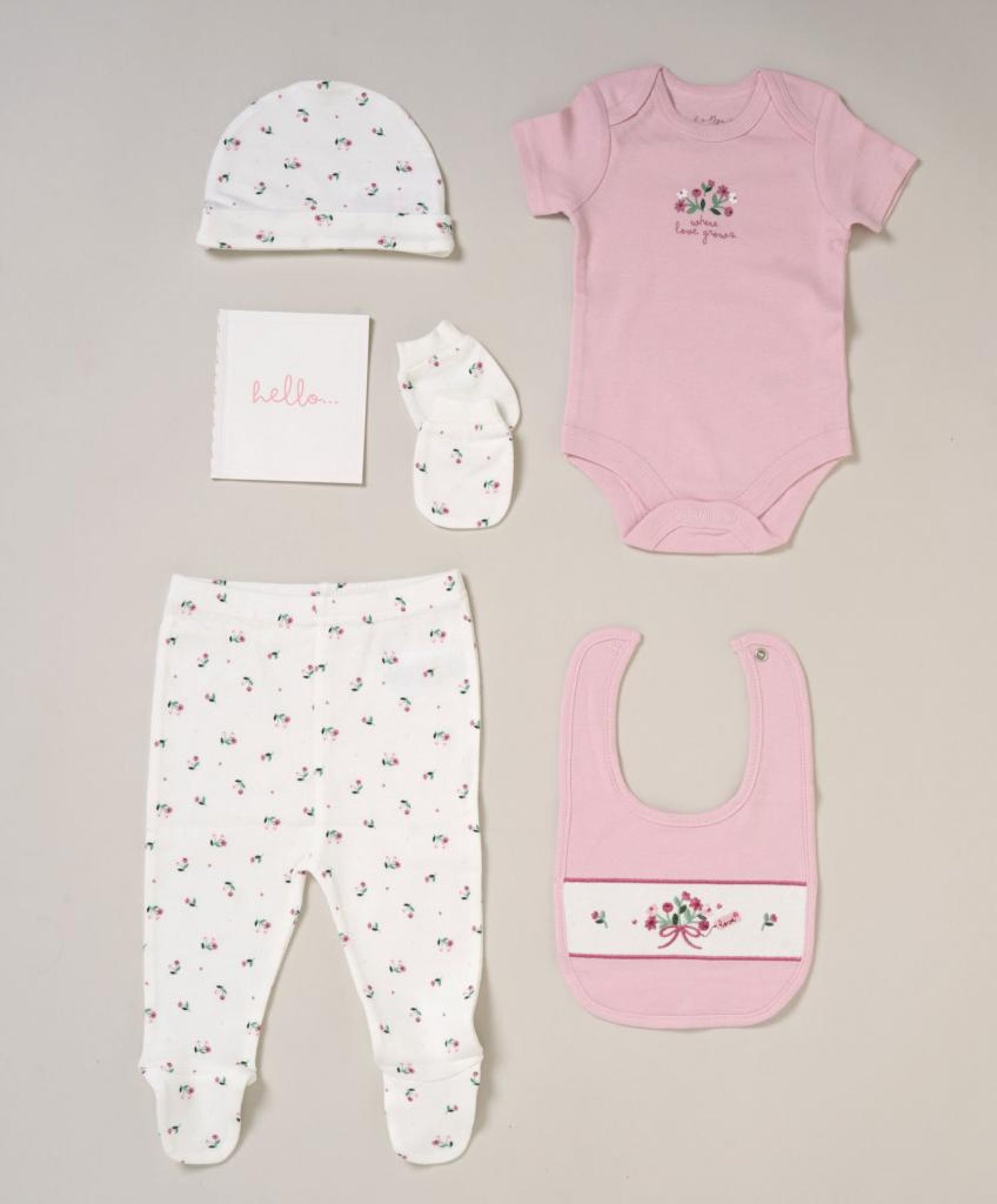 Six piece floral layette set