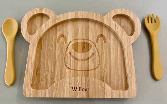 Bamboo personalised bear plate with suction base